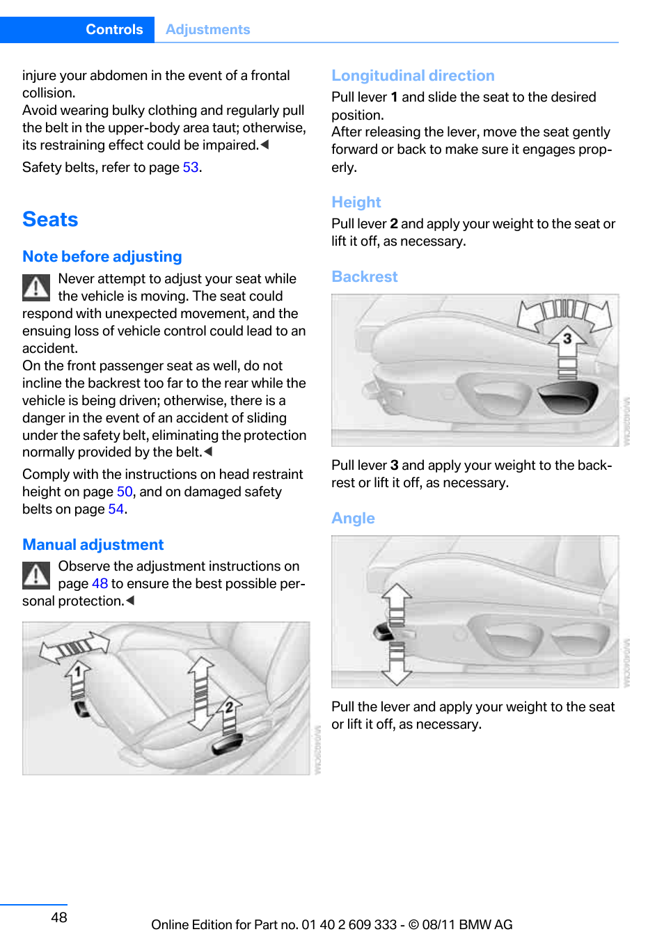 Seats | BMW 2012 3 Series M3 Сoupe User Manual | Page 49 / 314