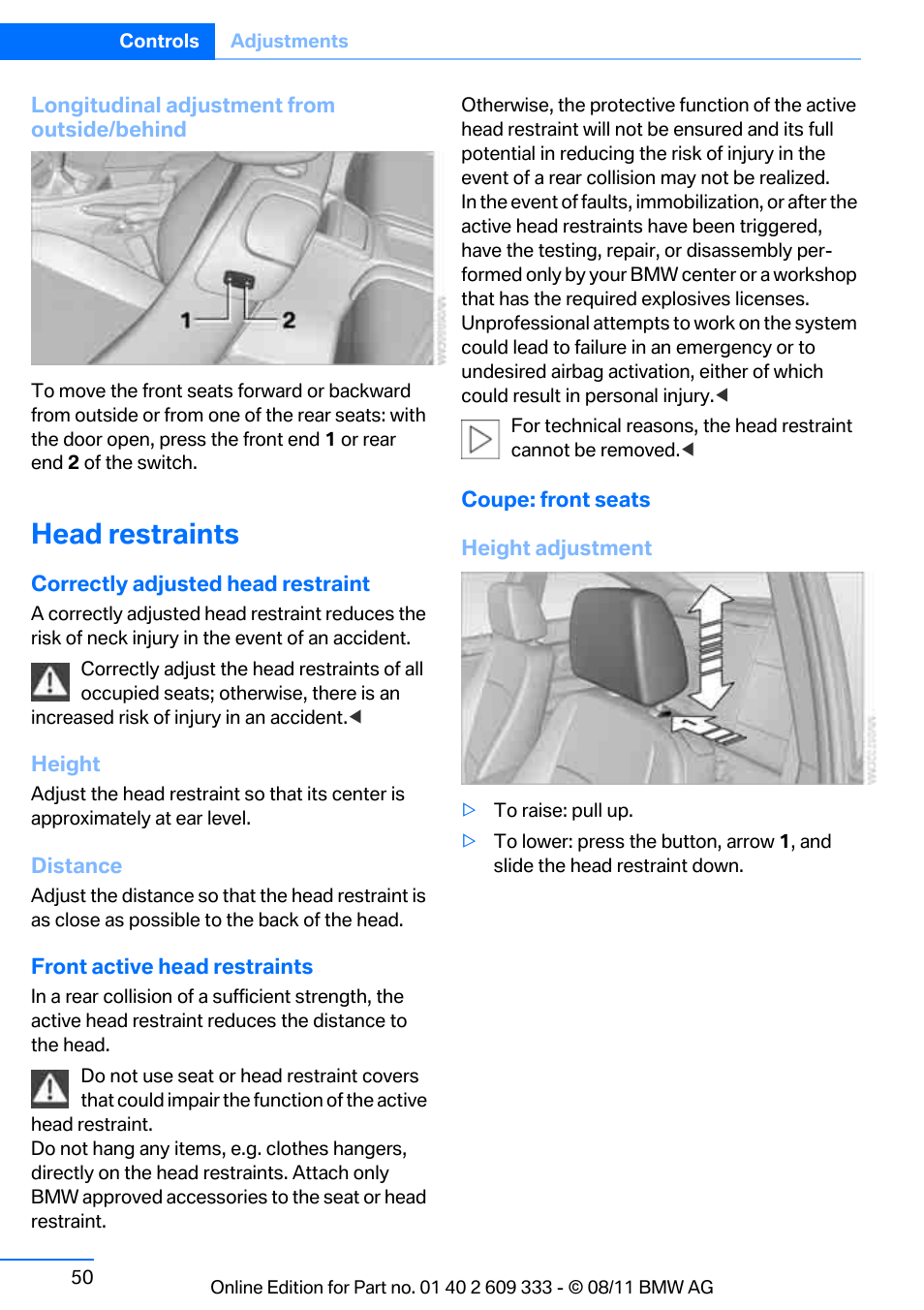 Head restraints | BMW 2012 3 Series M3 Сoupe User Manual | Page 51 / 314
