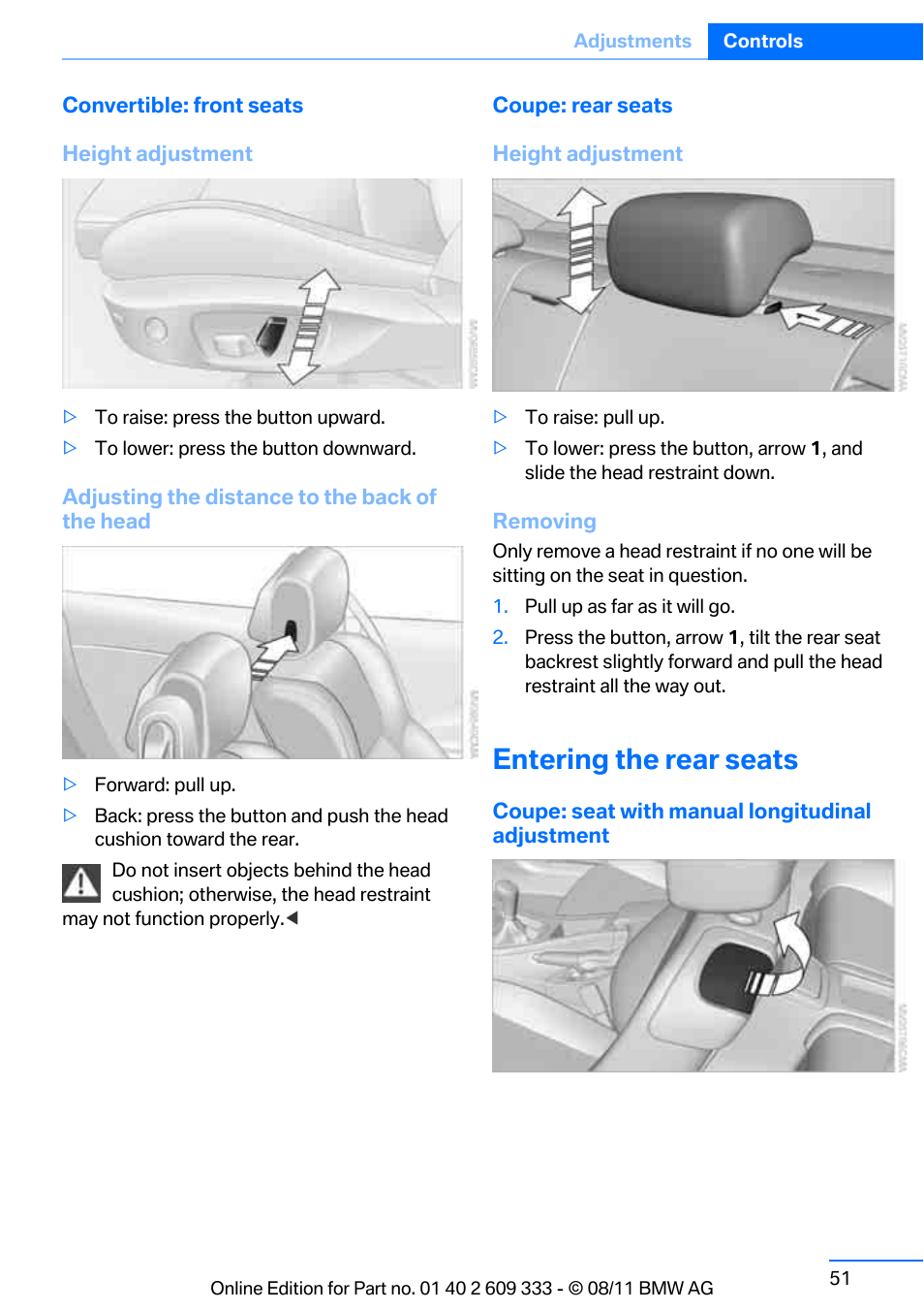 Entering the rear seats | BMW 2012 3 Series M3 Сoupe User Manual | Page 52 / 314