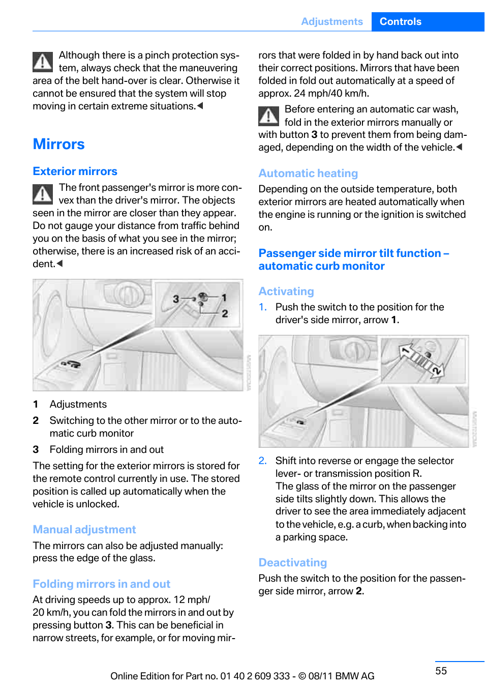 Mirrors, And out | BMW 2012 3 Series M3 Сoupe User Manual | Page 56 / 314