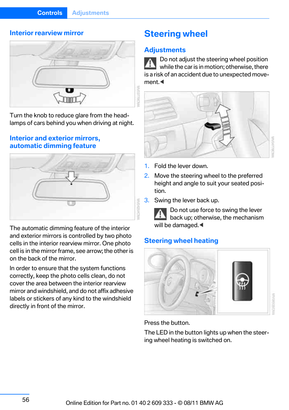 Steering wheel, Steering wheel heating | BMW 2012 3 Series M3 Сoupe User Manual | Page 57 / 314