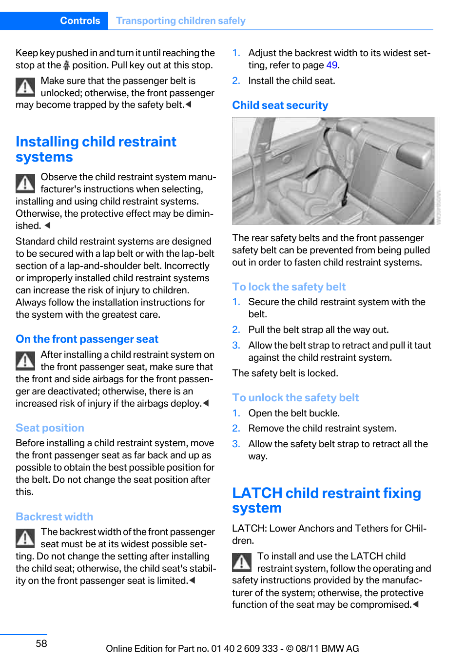 Installing child restraint systems, Latch child restraint fixing system | BMW 2012 3 Series M3 Сoupe User Manual | Page 59 / 314