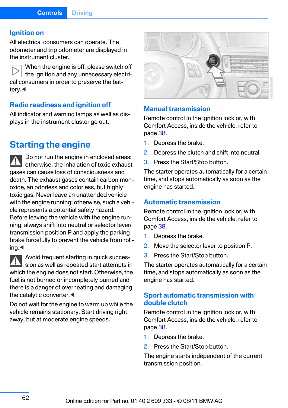 Starting the engine | BMW 2012 3 Series M3 Сoupe User Manual | Page 63 / 314