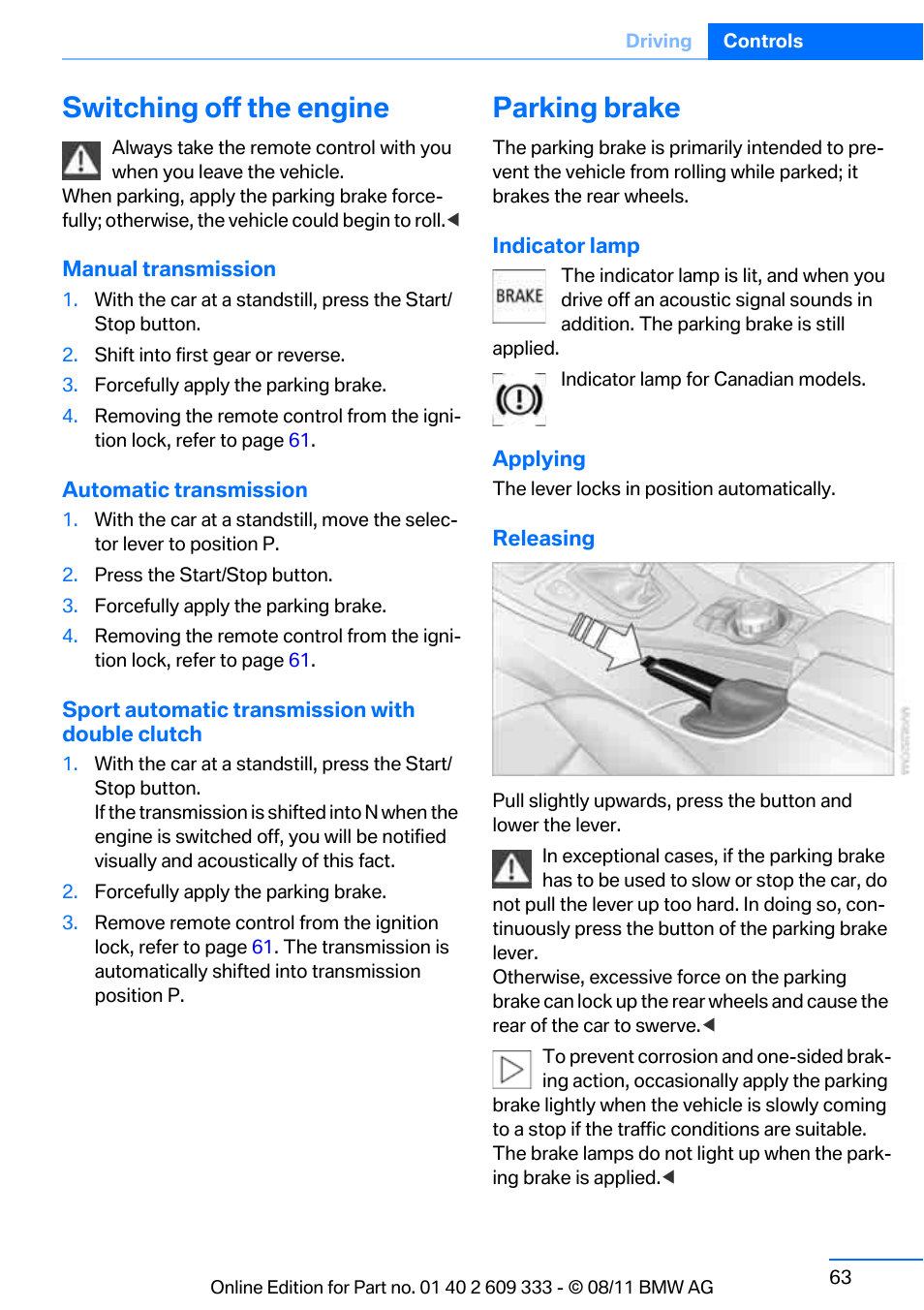 Switching off the engine, Parking brake, G brake applied | BMW 2012 3 Series M3 Сoupe User Manual | Page 64 / 314