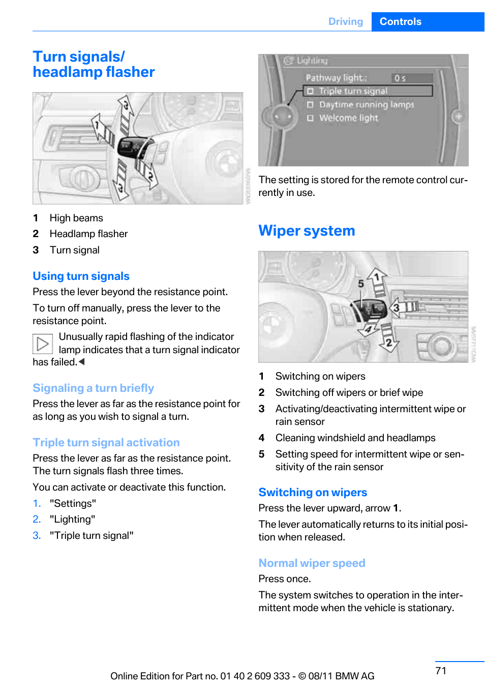 Turn signals/ headlamp flasher, Wiper system, Windshield wipers | BMW 2012 3 Series M3 Сoupe User Manual | Page 72 / 314