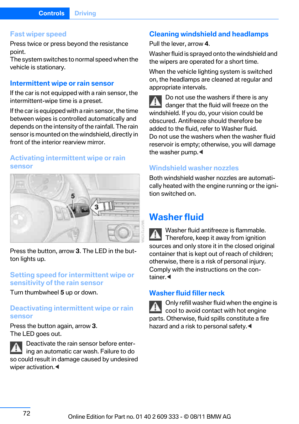 Washer fluid, Rain sensor | BMW 2012 3 Series M3 Сoupe User Manual | Page 73 / 314
