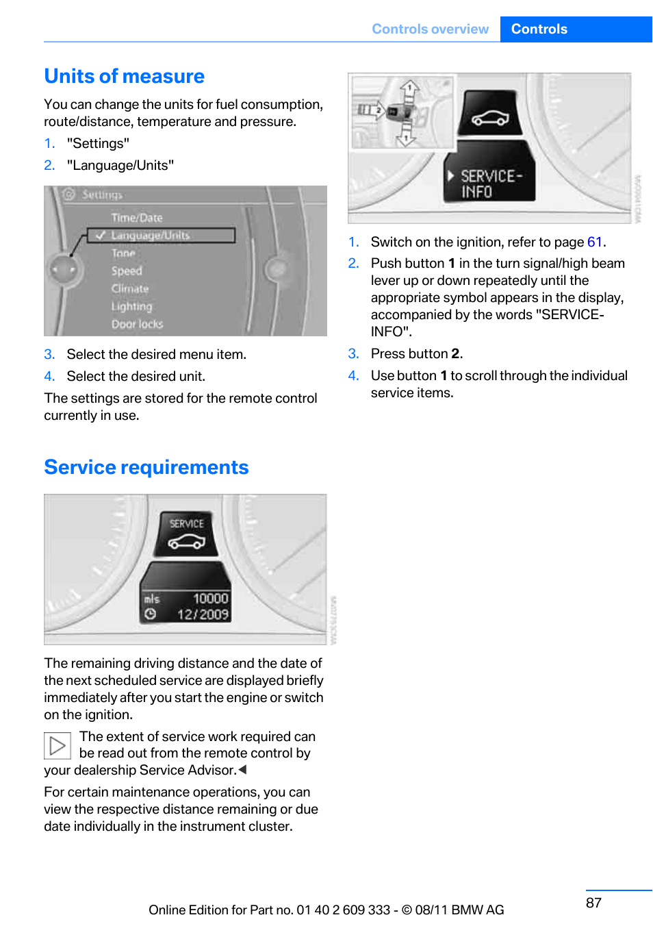 Units of measure, Service requirements, Remaining distance to be driven | BMW 2012 3 Series M3 Сoupe User Manual | Page 88 / 314