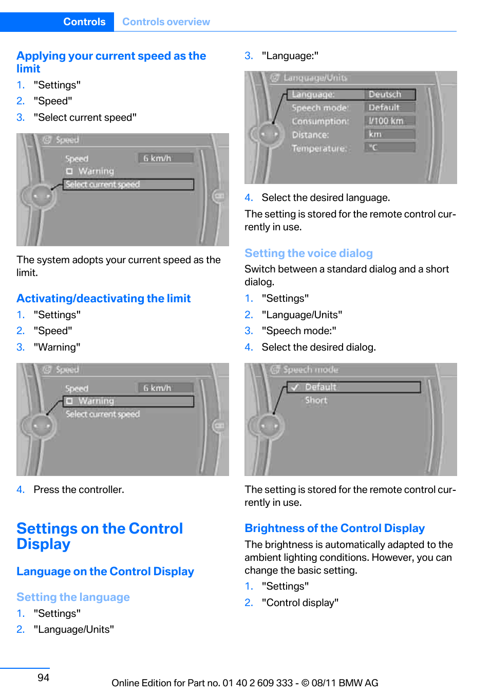 Settings on the control display, Brightness of the control display, refer, Language on the control display | BMW 2012 3 Series M3 Сoupe User Manual | Page 95 / 314