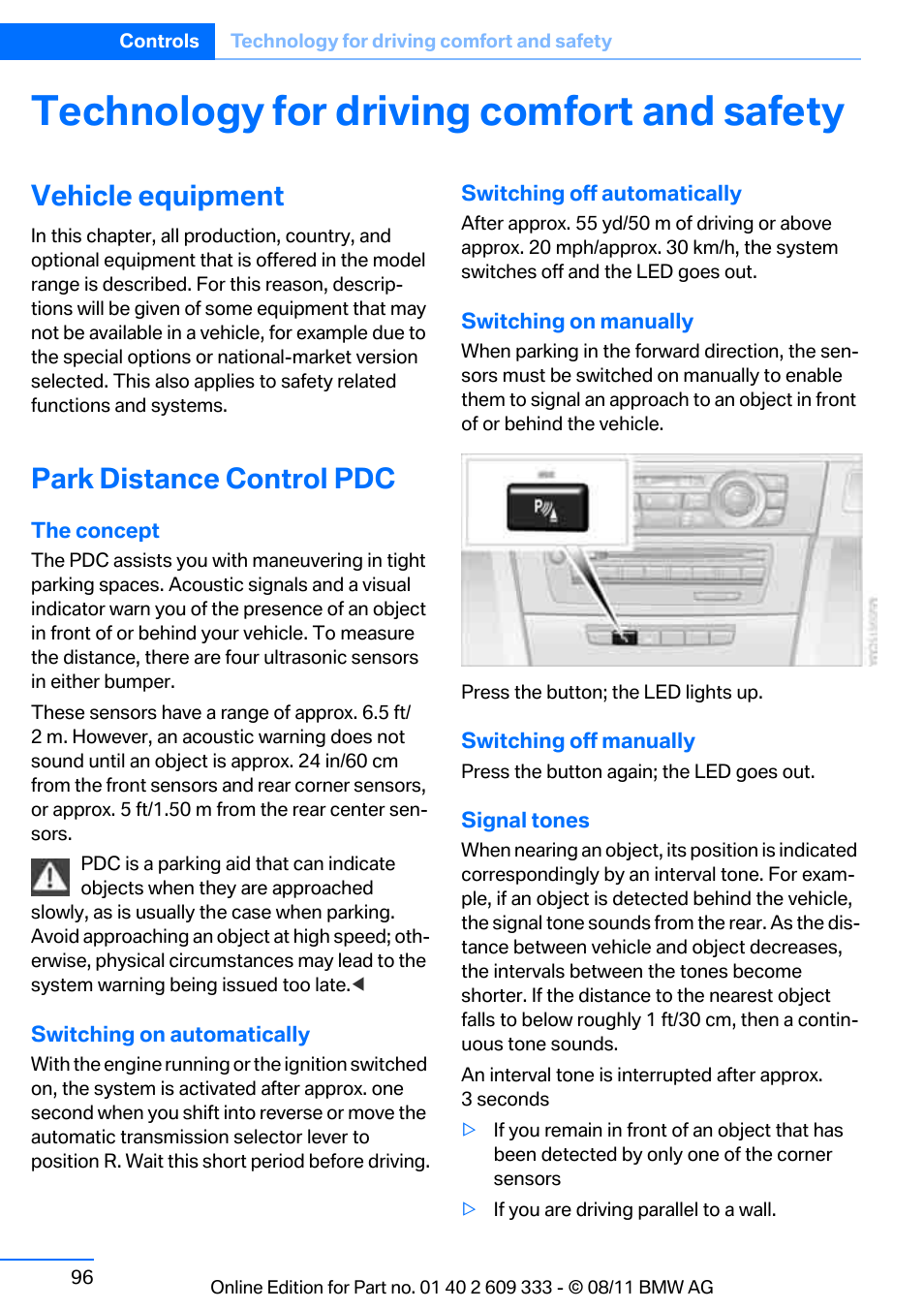 Technology for driving comfort and safety, Vehicle equipment, Park distance control pdc | BMW 2012 3 Series M3 Сoupe User Manual | Page 97 / 314