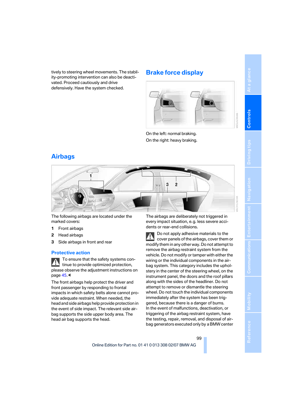 Brake force display, Airbags | BMW 2007 550I Sedan User Manual | Page 101 / 286