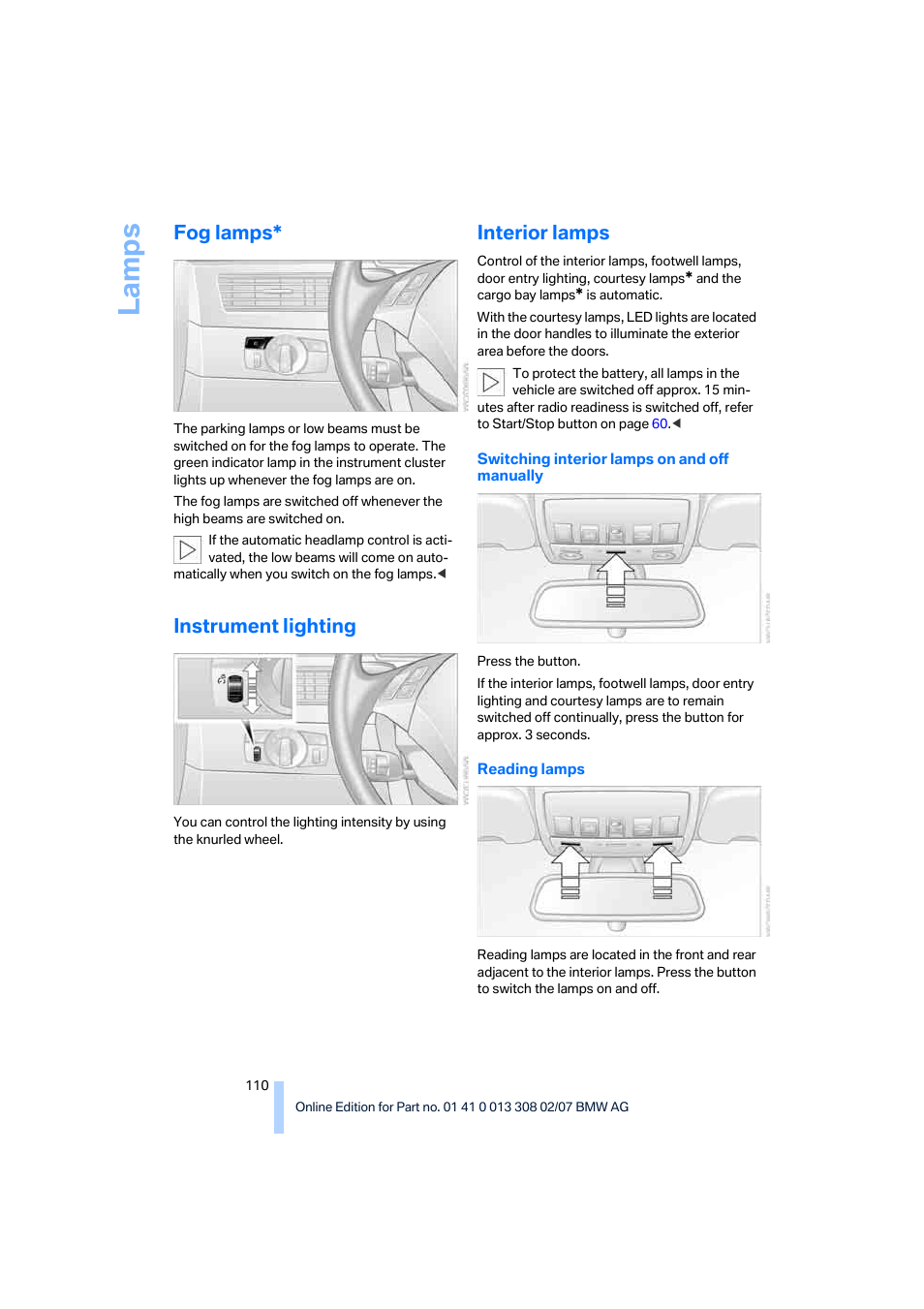 Fog lamps, Instrument lighting, Interior lamps | La mp s | BMW 2007 550I Sedan User Manual | Page 112 / 286