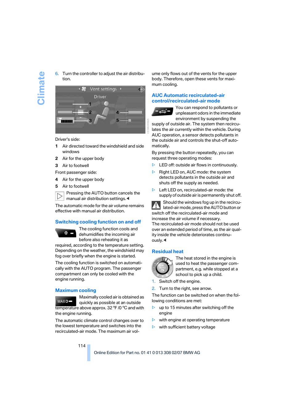 Climate | BMW 2007 550I Sedan User Manual | Page 116 / 286