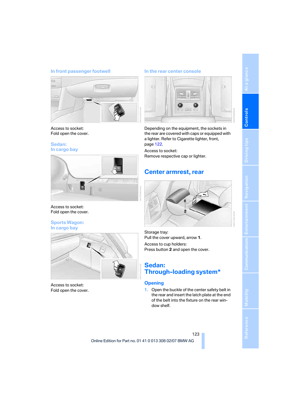 Center armrest, rear, Sedan: through-loading system | BMW 2007 550I Sedan User Manual | Page 125 / 286