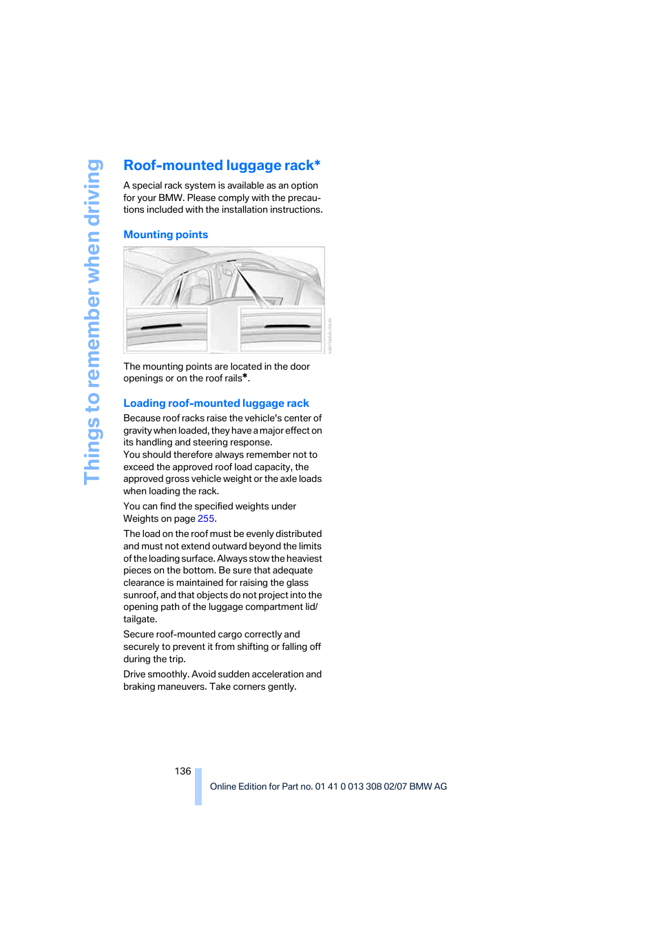 Roof-mounted luggage rack, Things to re memb er when driving | BMW 2007 550I Sedan User Manual | Page 138 / 286