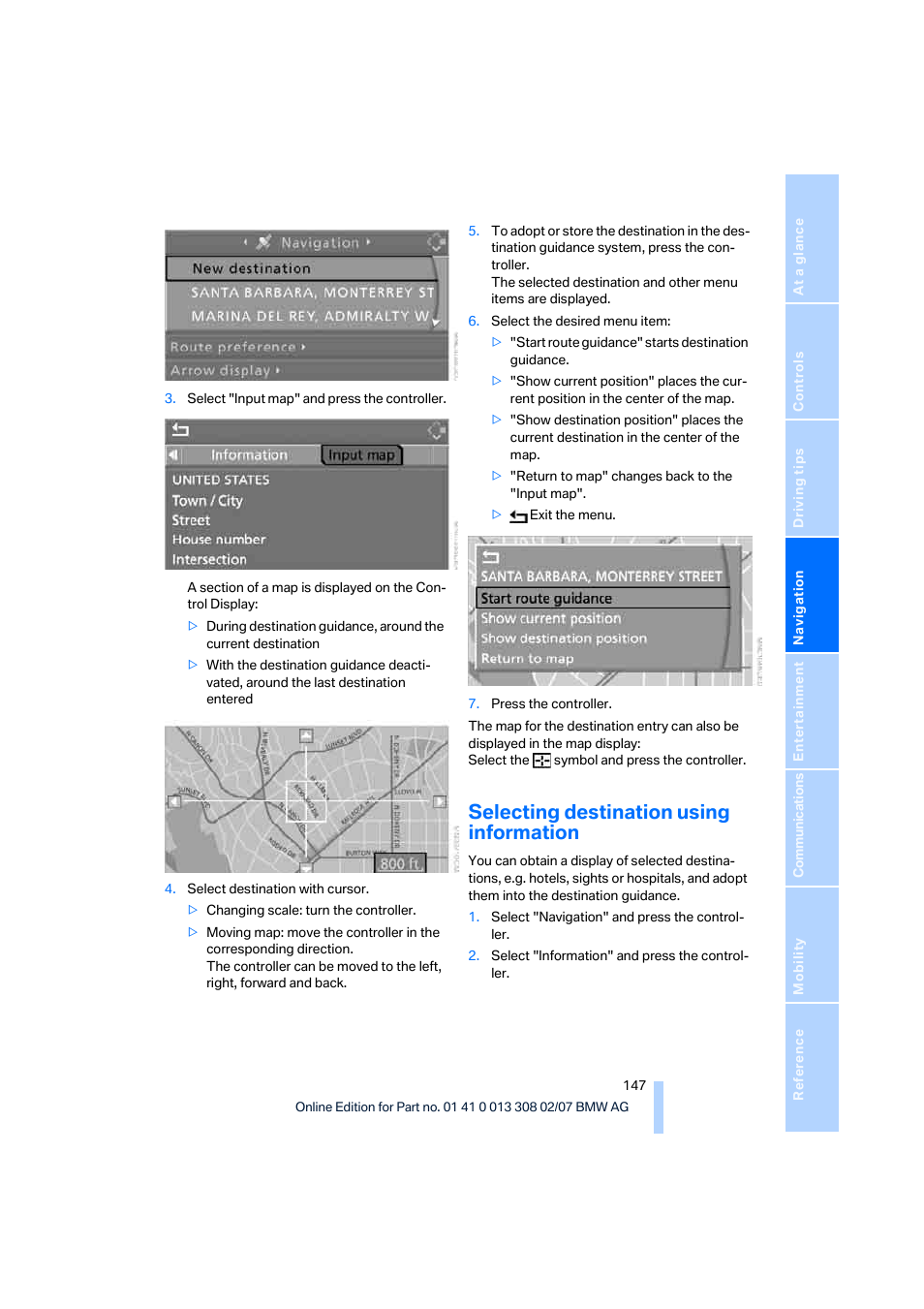 Selecting destination using information | BMW 2007 550I Sedan User Manual | Page 149 / 286