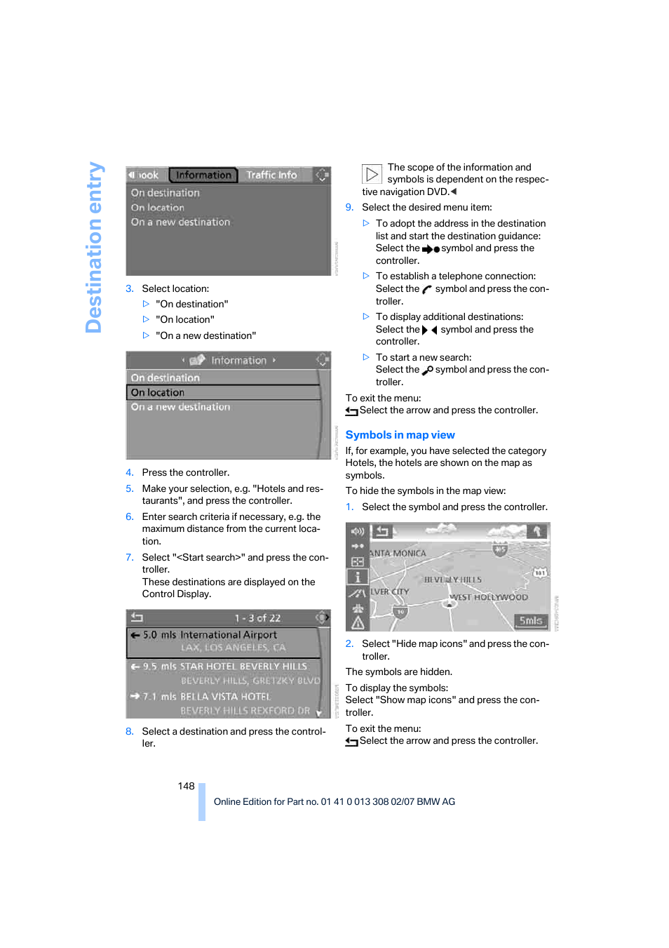 Destination entry | BMW 2007 550I Sedan User Manual | Page 150 / 286