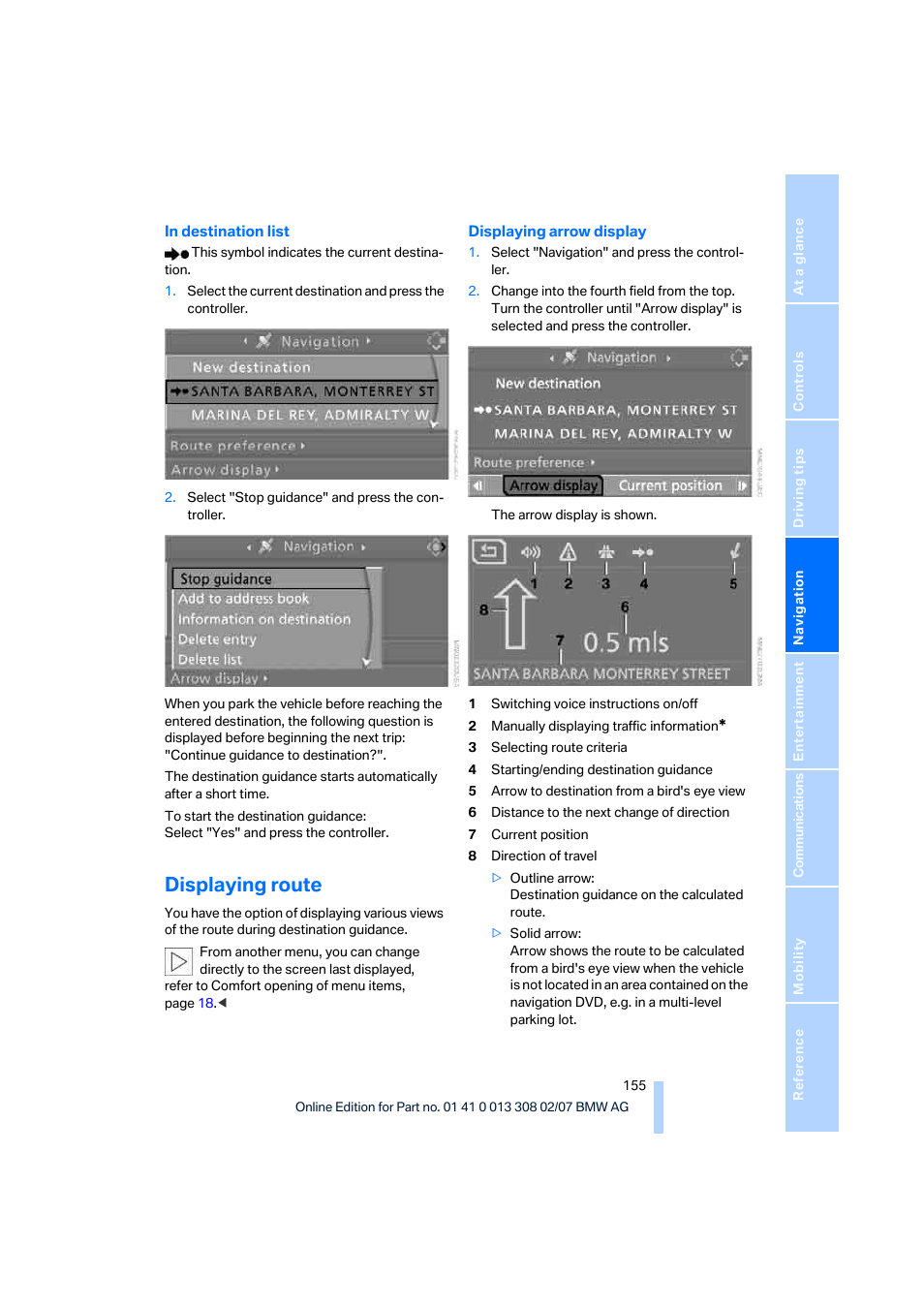 Displaying route | BMW 2007 550I Sedan User Manual | Page 157 / 286