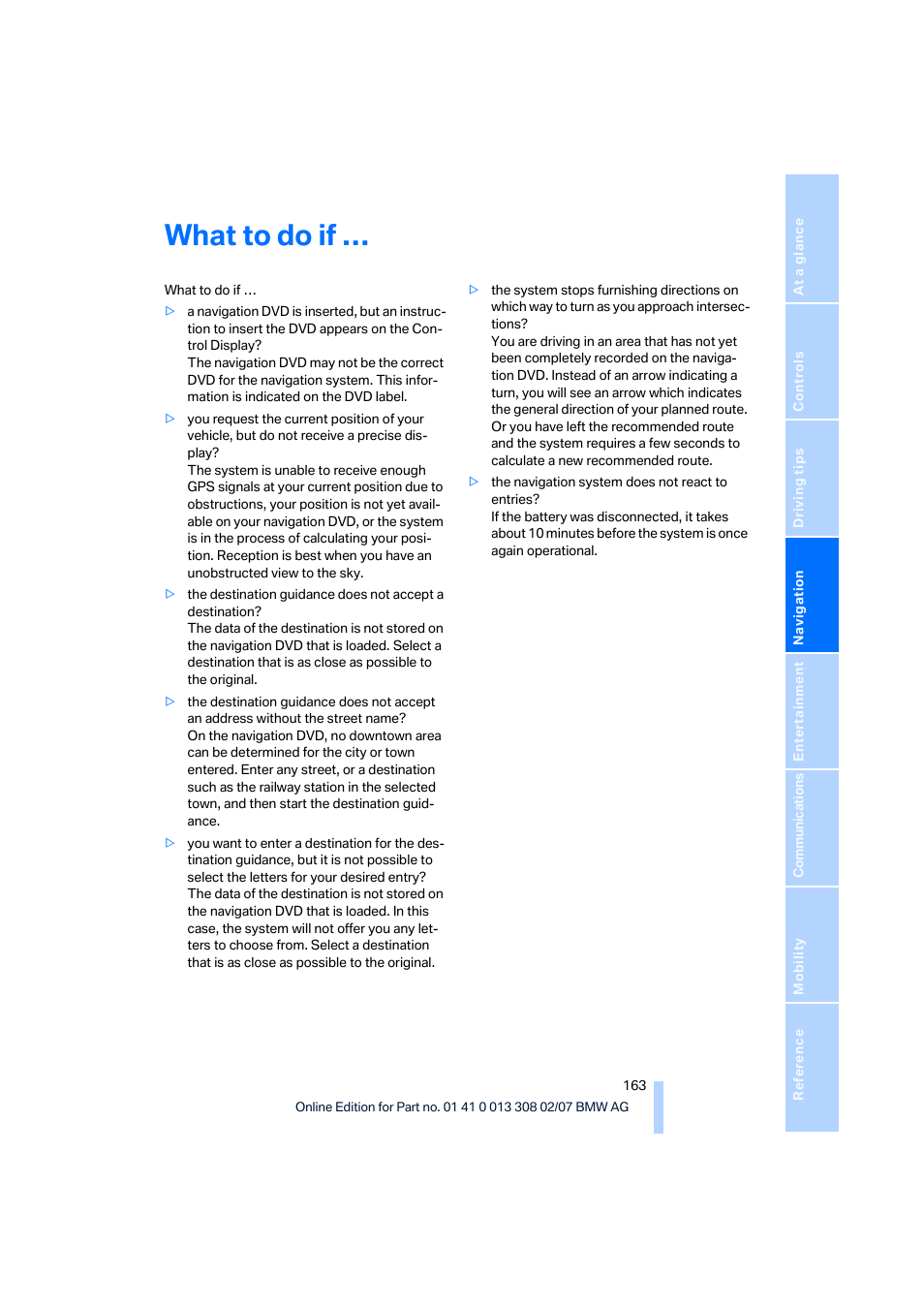 What to do if | BMW 2007 550I Sedan User Manual | Page 165 / 286