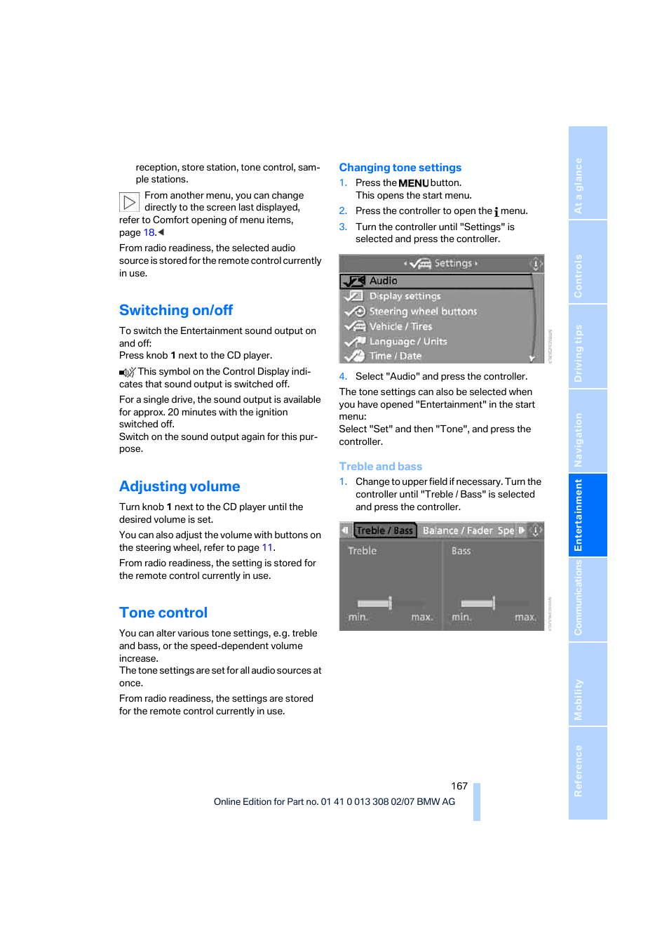 Switching on/off, Adjusting volume, Tone control | BMW 2007 550I Sedan User Manual | Page 169 / 286