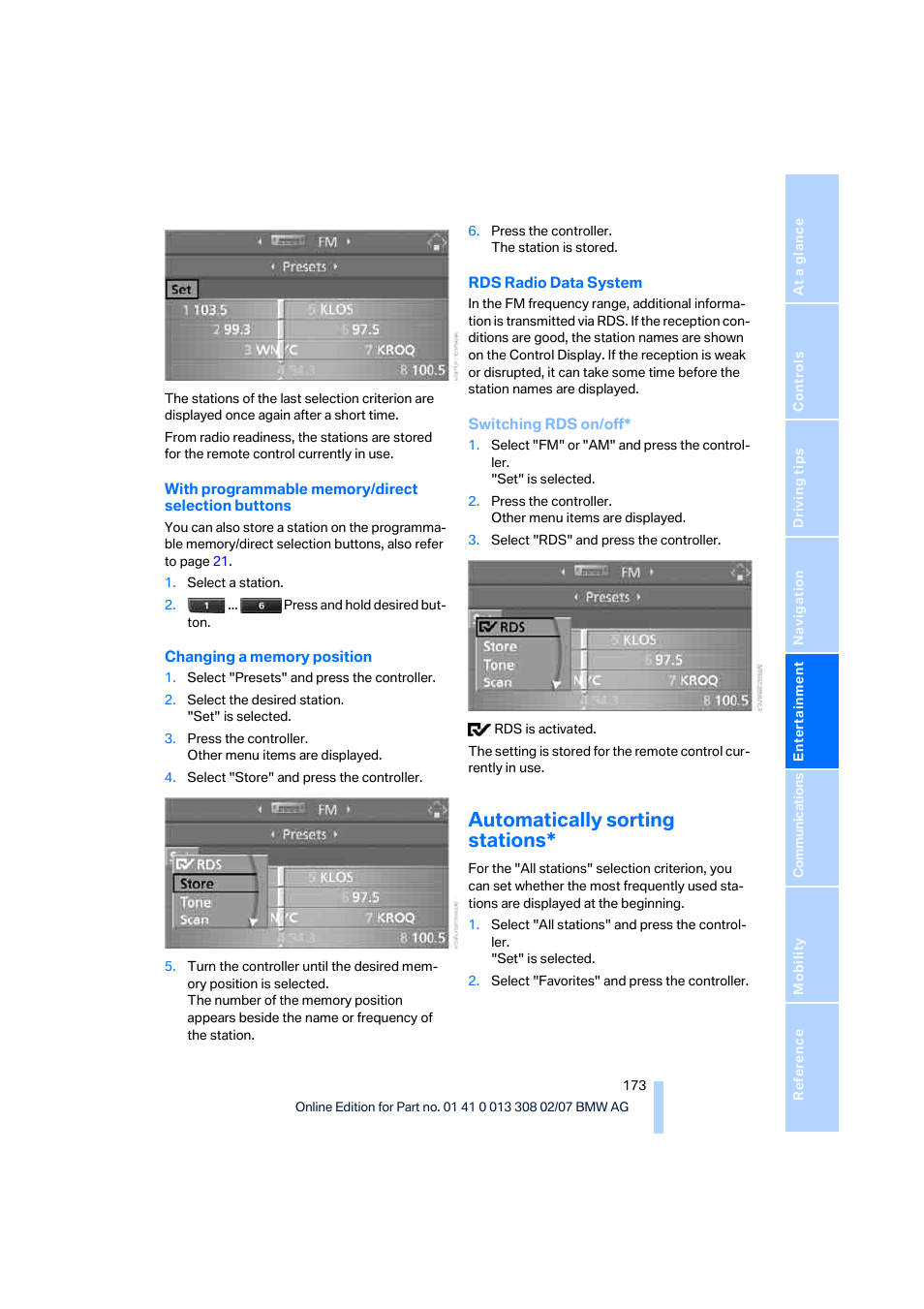 Automatically sorting stations | BMW 2007 550I Sedan User Manual | Page 175 / 286