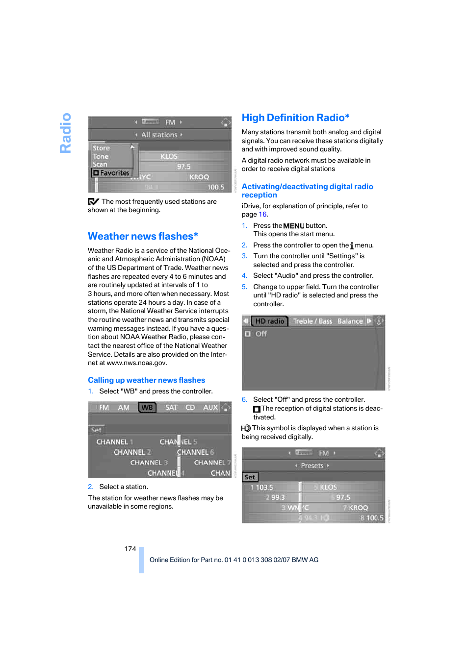 Weather news flashes, High definition radio, Ra di o | BMW 2007 550I Sedan User Manual | Page 176 / 286