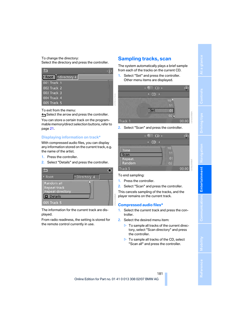 Sampling tracks, scan | BMW 2007 550I Sedan User Manual | Page 183 / 286