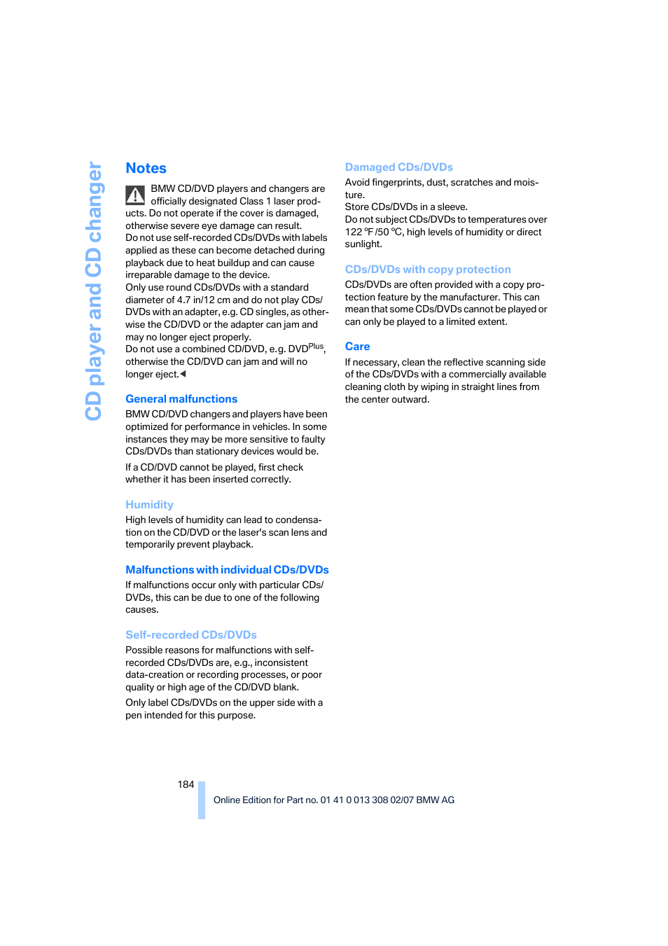 Notes, Cd player and cd changer | BMW 2007 550I Sedan User Manual | Page 186 / 286