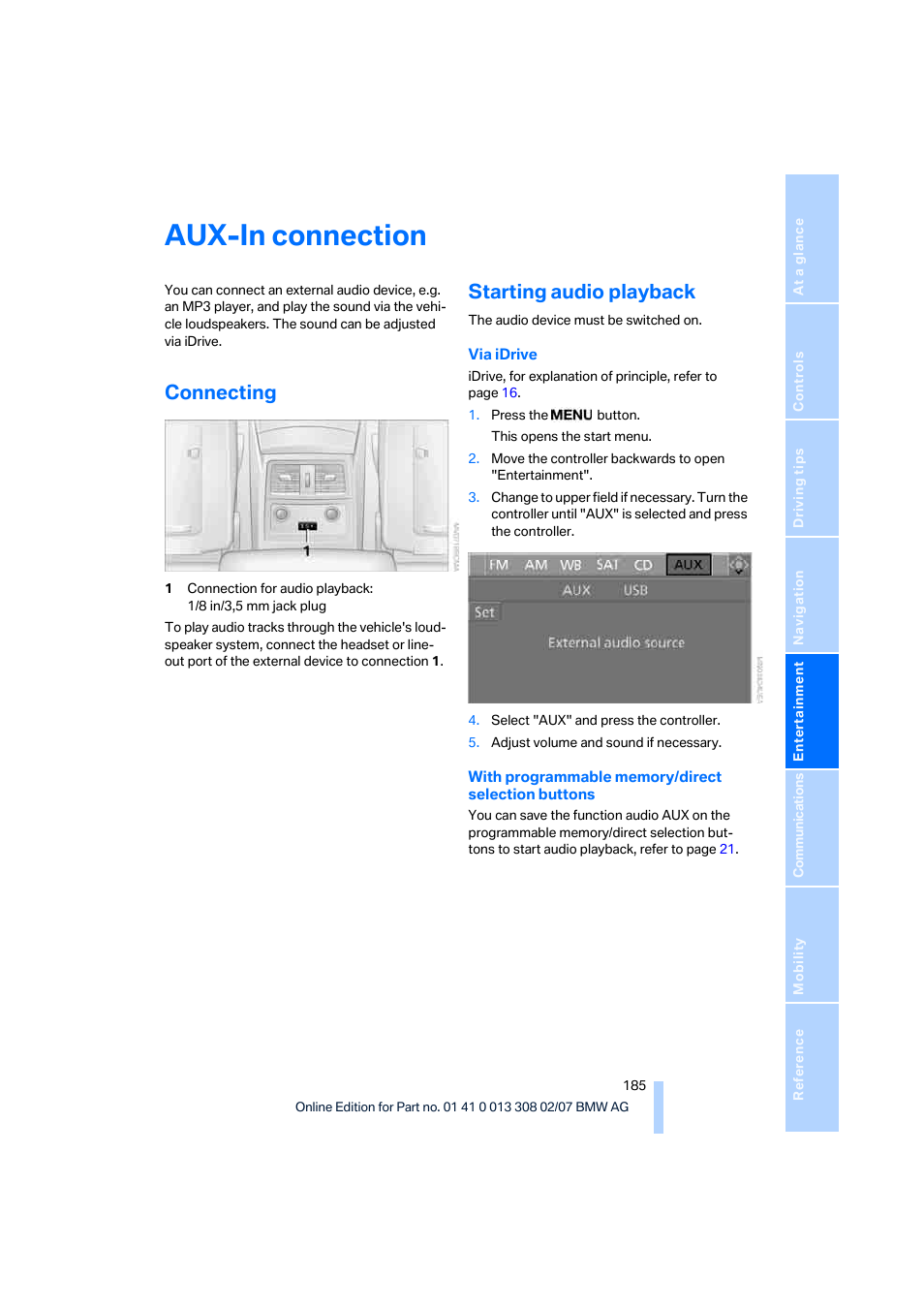 Aux-in connection, Connecting, Starting audio playback | BMW 2007 550I Sedan User Manual | Page 187 / 286