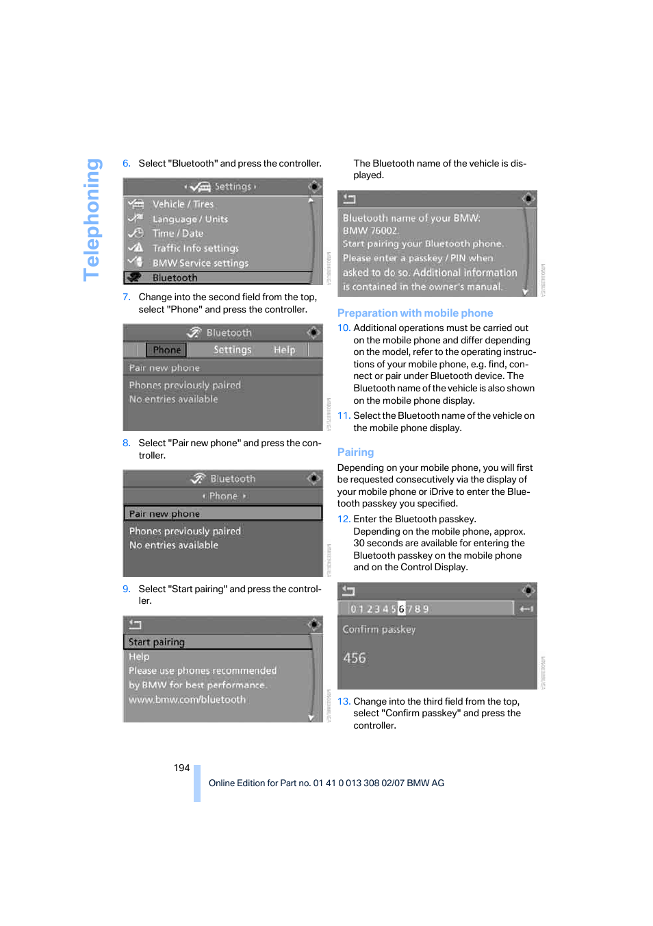 Telep h oning | BMW 2007 550I Sedan User Manual | Page 196 / 286