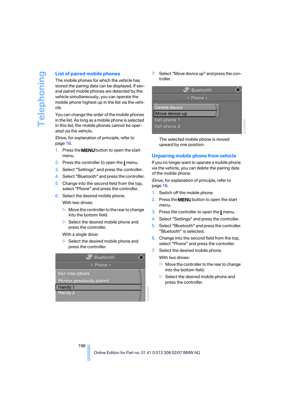 Telep h oning | BMW 2007 550I Sedan User Manual | Page 198 / 286