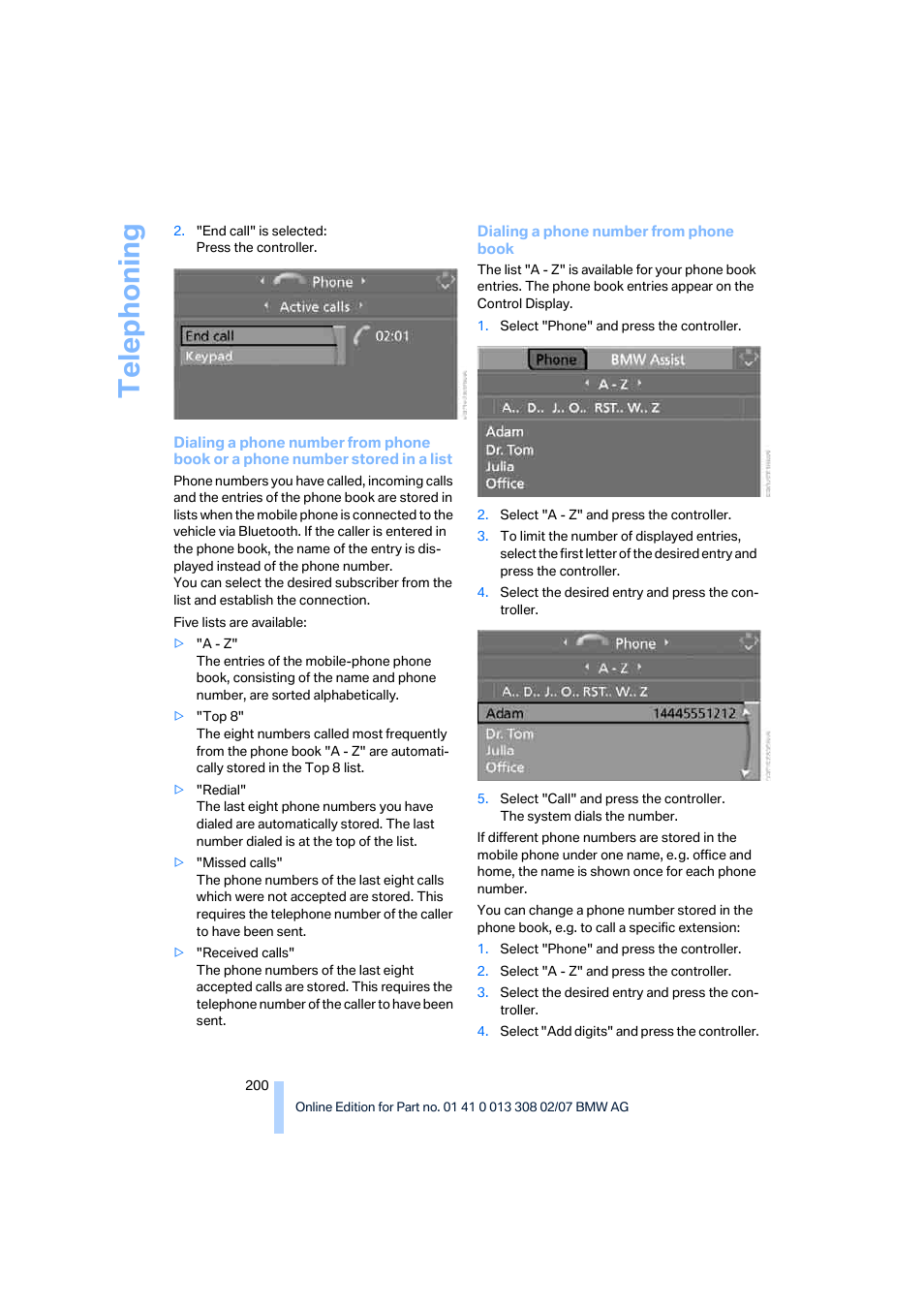 Telep h oning | BMW 2007 550I Sedan User Manual | Page 202 / 286