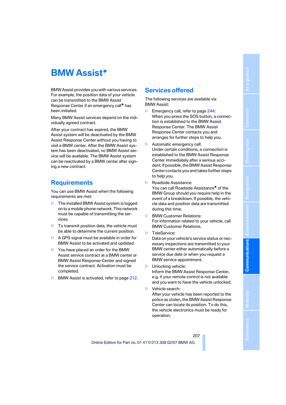 Bmw assist, Requirements, Services offered | BMW 2007 550I Sedan User Manual | Page 209 / 286