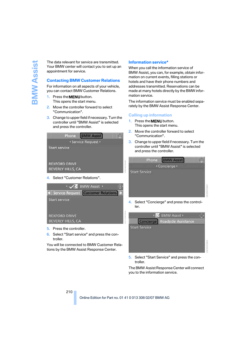 Bmw assis t | BMW 2007 550I Sedan User Manual | Page 212 / 286