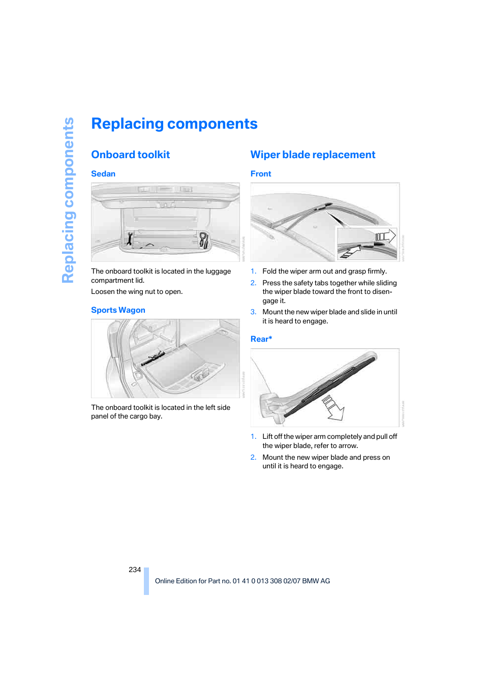 Replacing components, Onboard toolkit, Wiper blade replacement | BMW 2007 550I Sedan User Manual | Page 236 / 286