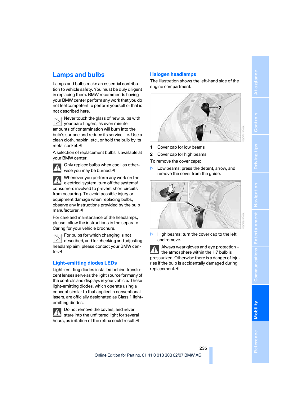 Lamps and bulbs | BMW 2007 550I Sedan User Manual | Page 237 / 286