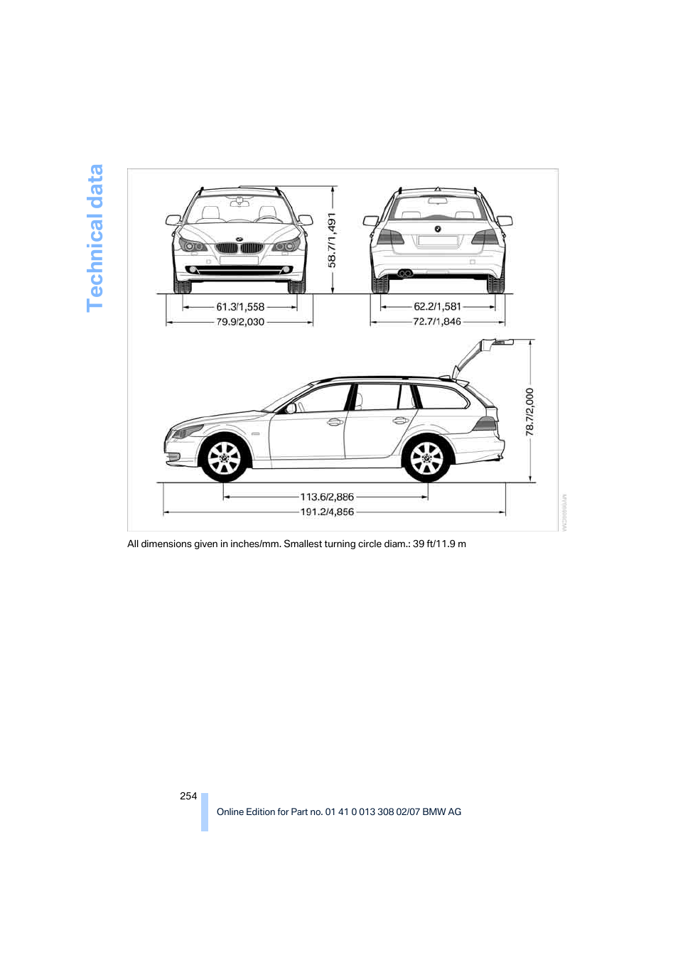 Technical data | BMW 2007 550I Sedan User Manual | Page 256 / 286