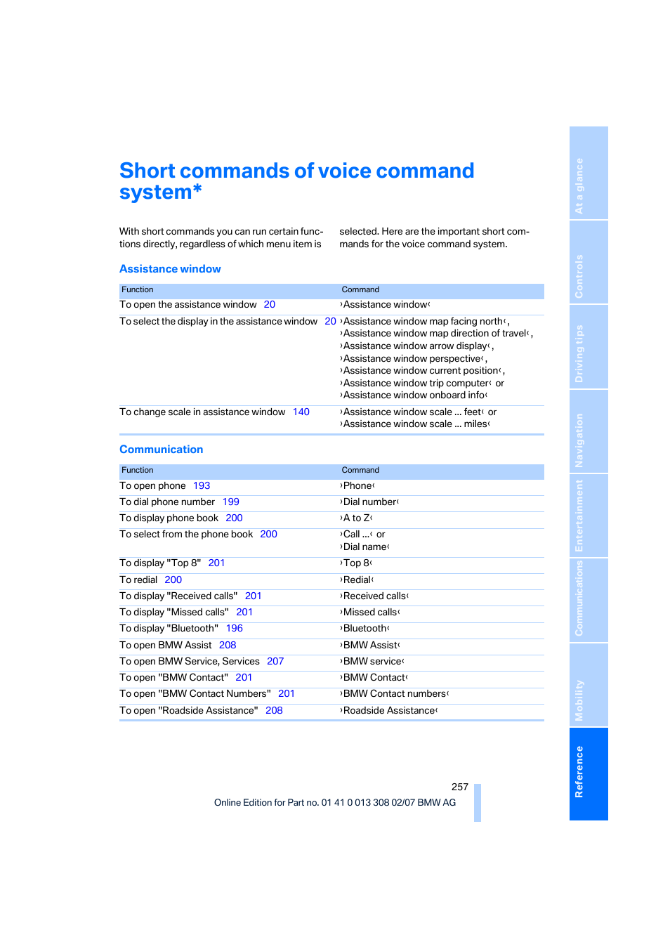 Short commands of voice command system | BMW 2007 550I Sedan User Manual | Page 259 / 286