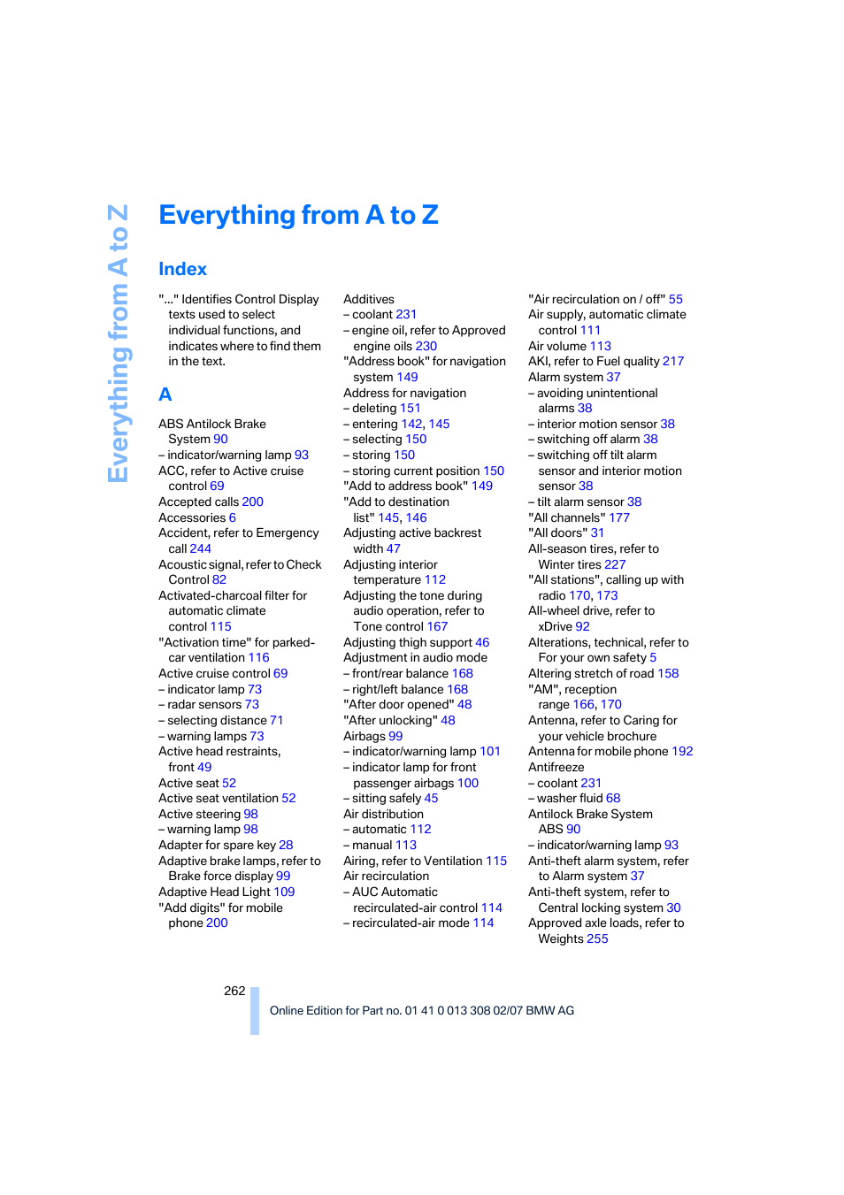 Everything from a to z, Index | BMW 2007 550I Sedan User Manual | Page 264 / 286