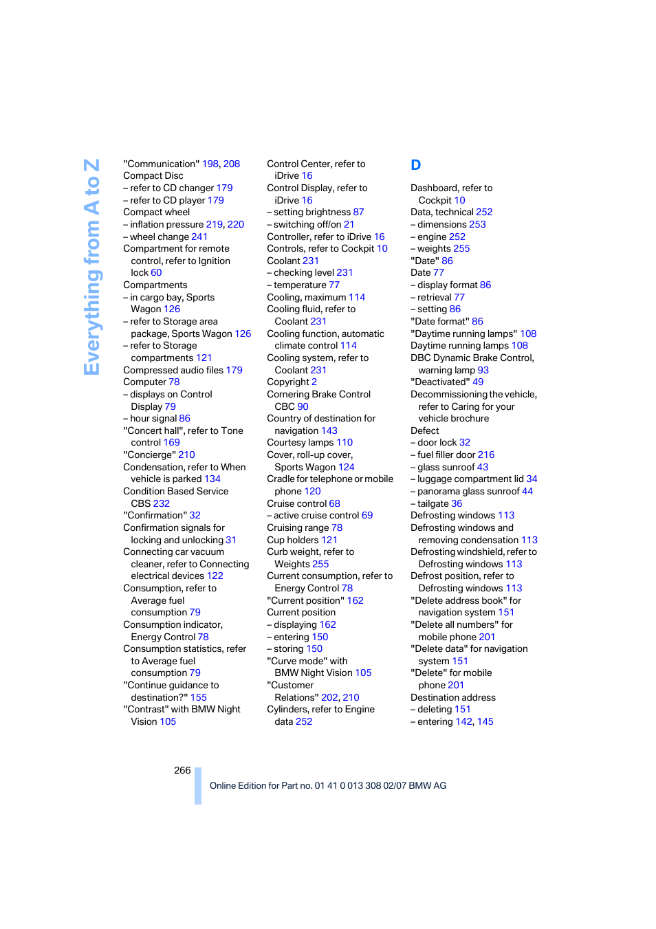 Everything from a to z | BMW 2007 550I Sedan User Manual | Page 268 / 286