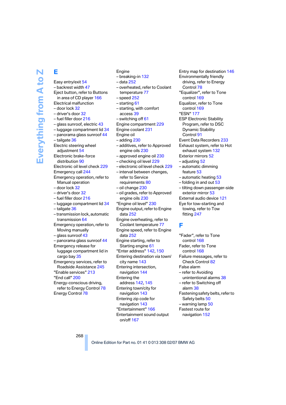 Everything from a to z | BMW 2007 550I Sedan User Manual | Page 270 / 286