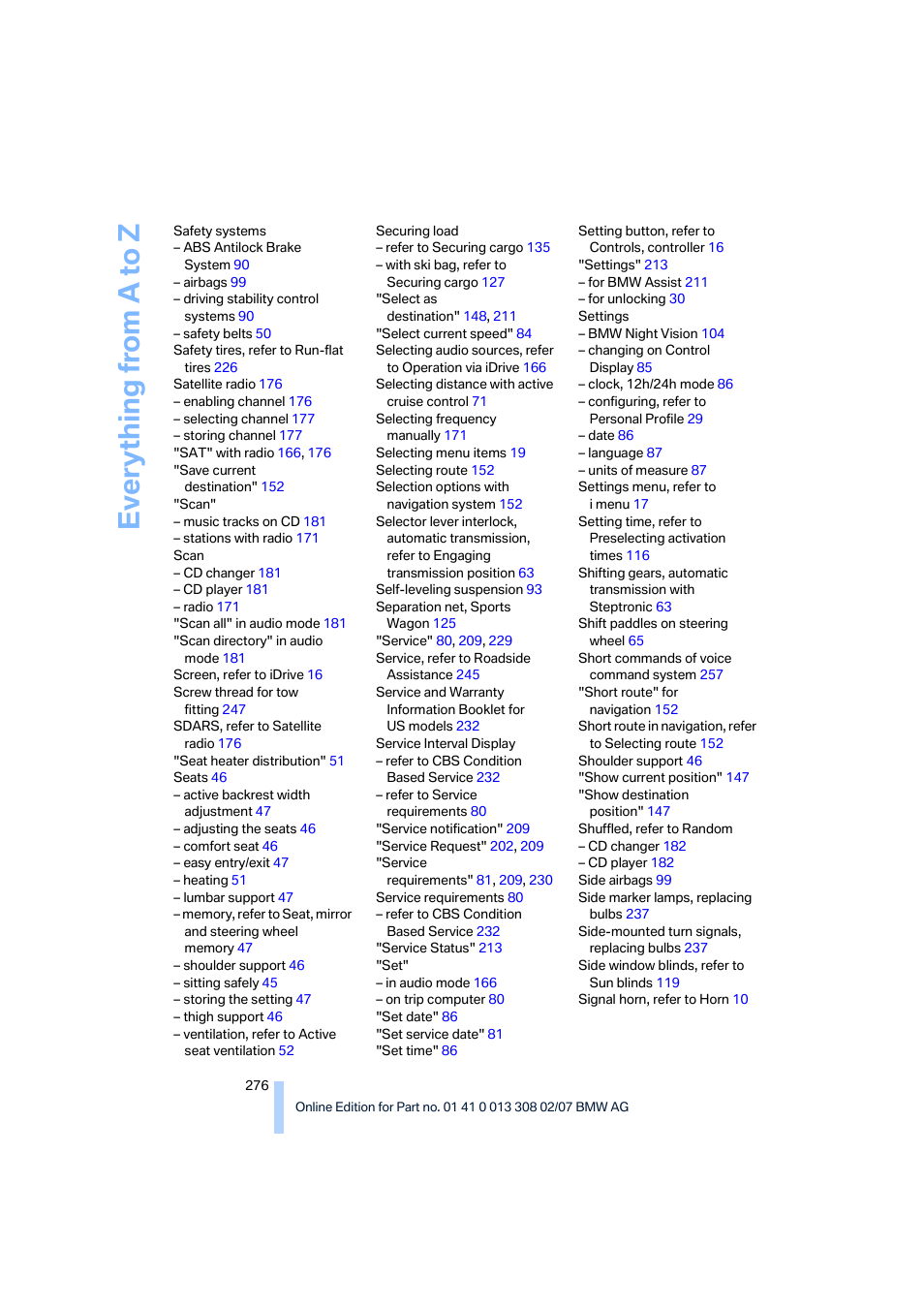 Everything from a to z | BMW 2007 550I Sedan User Manual | Page 278 / 286