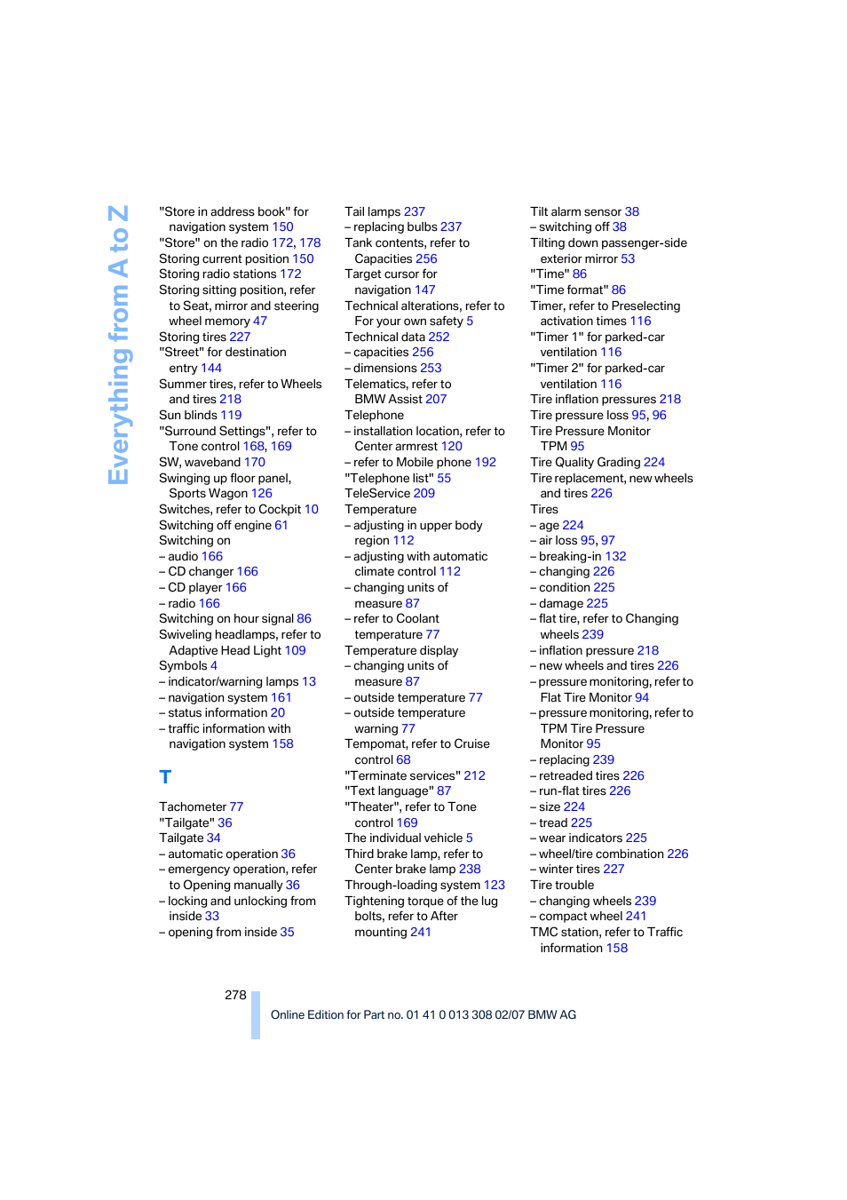 Everything from a to z | BMW 2007 550I Sedan User Manual | Page 280 / 286