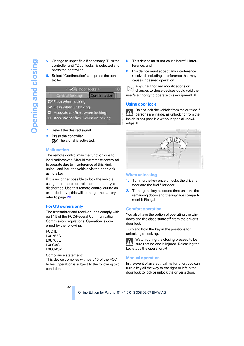 Opening and closing | BMW 2007 550I Sedan User Manual | Page 34 / 286