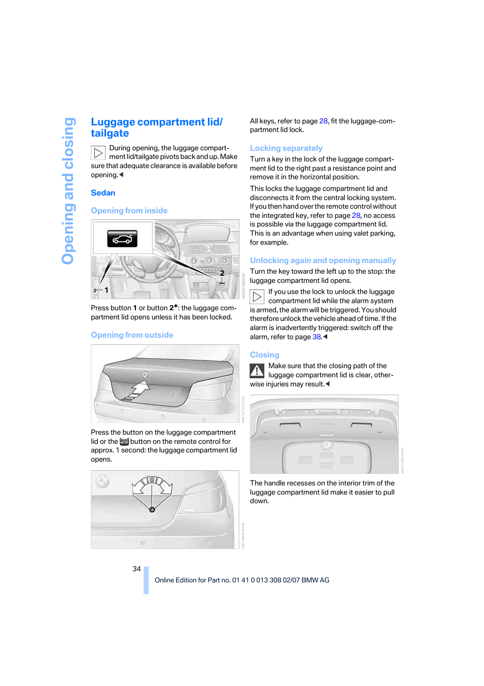 Luggage compartment lid/ tailgate, Opening and closing | BMW 2007 550I Sedan User Manual | Page 36 / 286