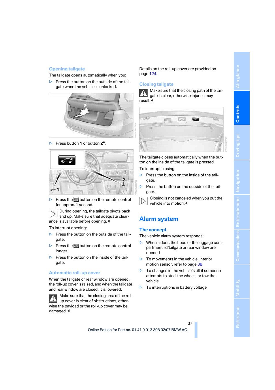 Alarm system | BMW 2007 550I Sedan User Manual | Page 39 / 286