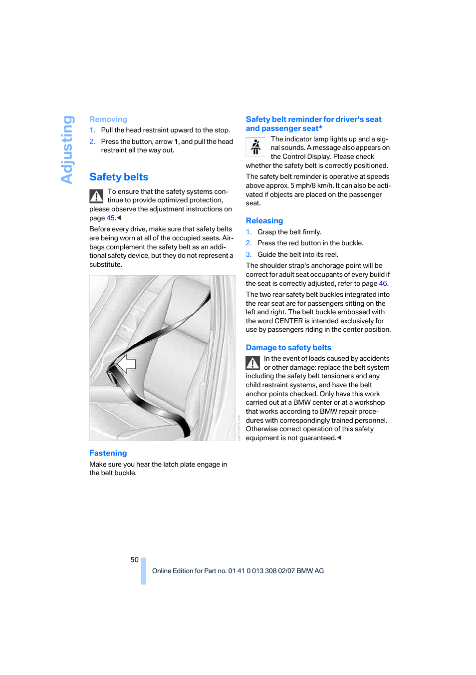 Safety belts, Adju sting | BMW 2007 550I Sedan User Manual | Page 52 / 286