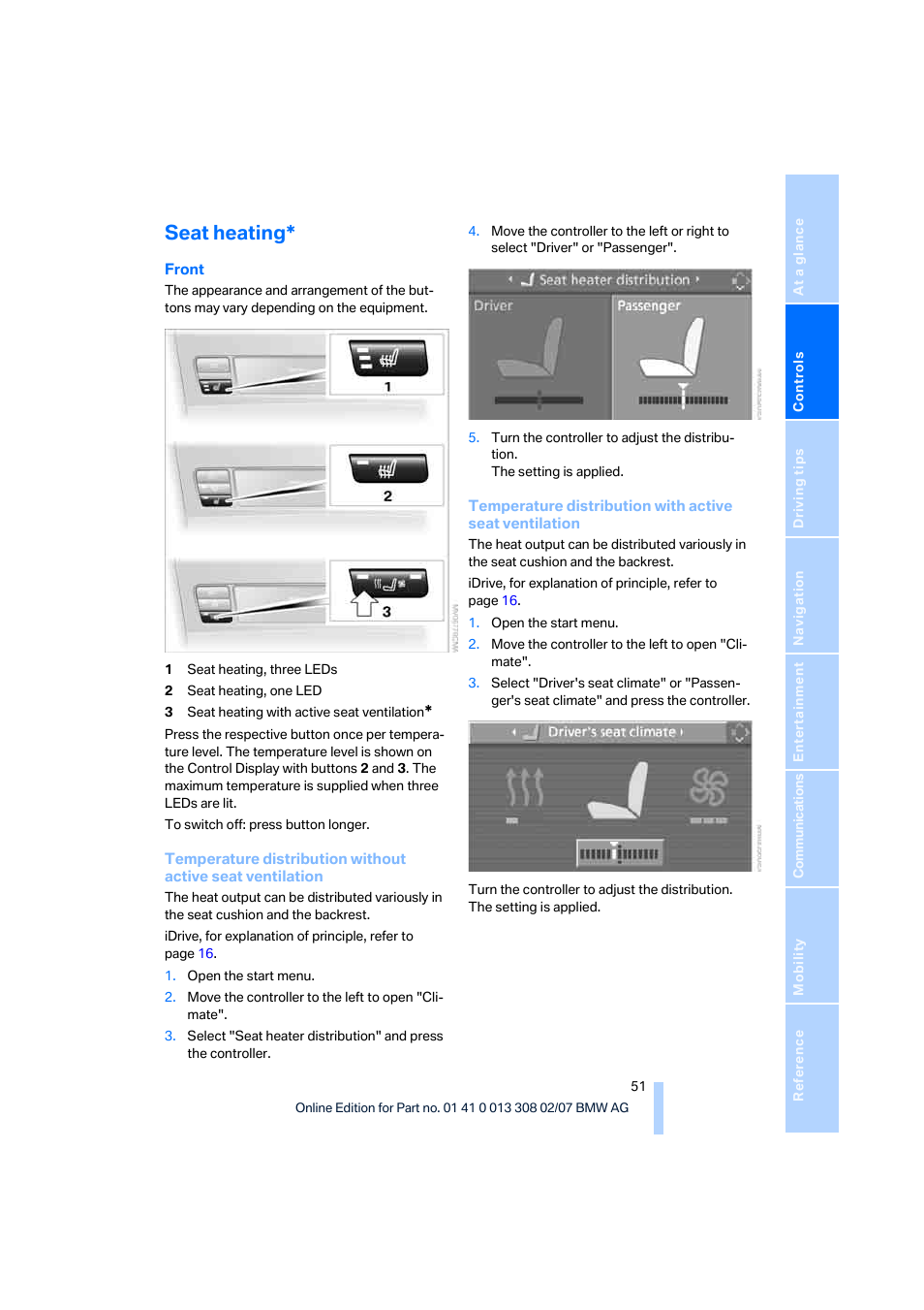 Seat heating | BMW 2007 550I Sedan User Manual | Page 53 / 286