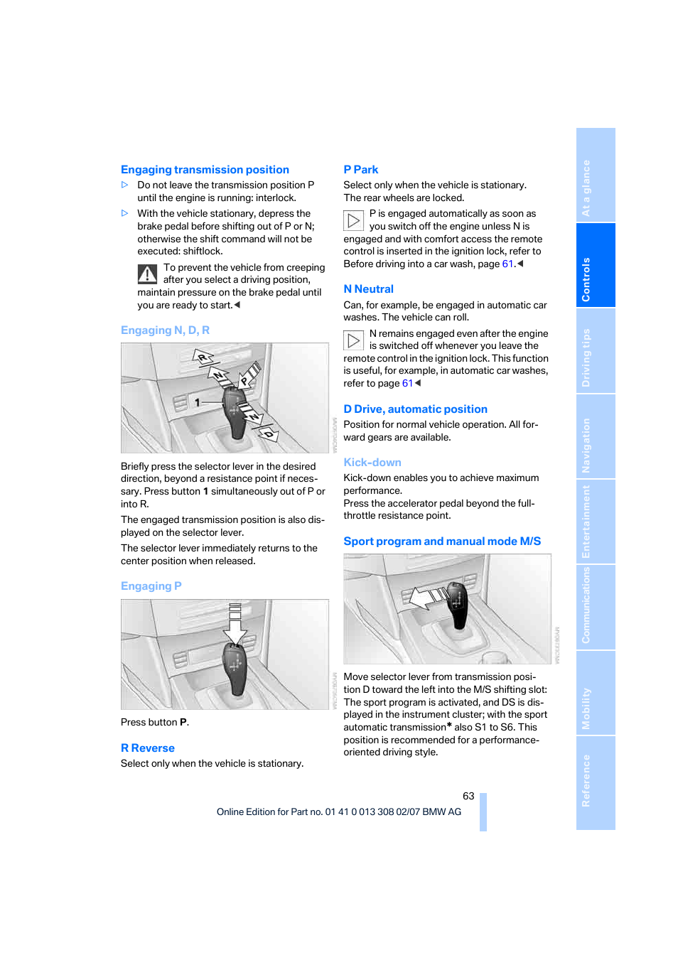 BMW 2007 550I Sedan User Manual | Page 65 / 286