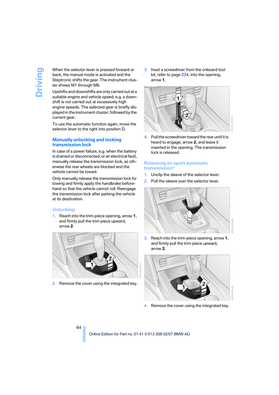 Driving | BMW 2007 550I Sedan User Manual | Page 66 / 286