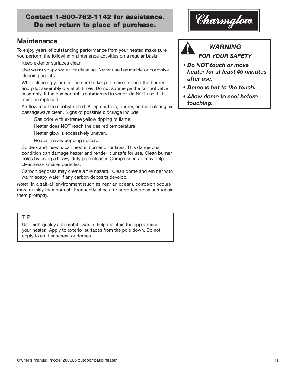 Maintenance, Warning | Blue Rhino Charmglow 200605 User Manual | Page 19 / 44